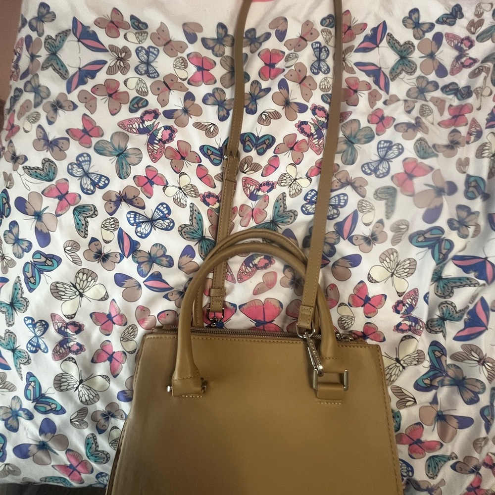 Steve Madden Tan Leather Satchel with Dual Handles and Crossbody Strap
